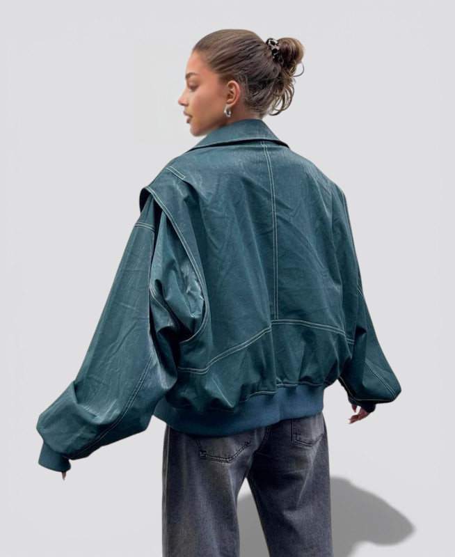 Women’s Leather Bomber Jacket – Classic Zip Up Bomber with Ribbed Cuffs for Fall Winter