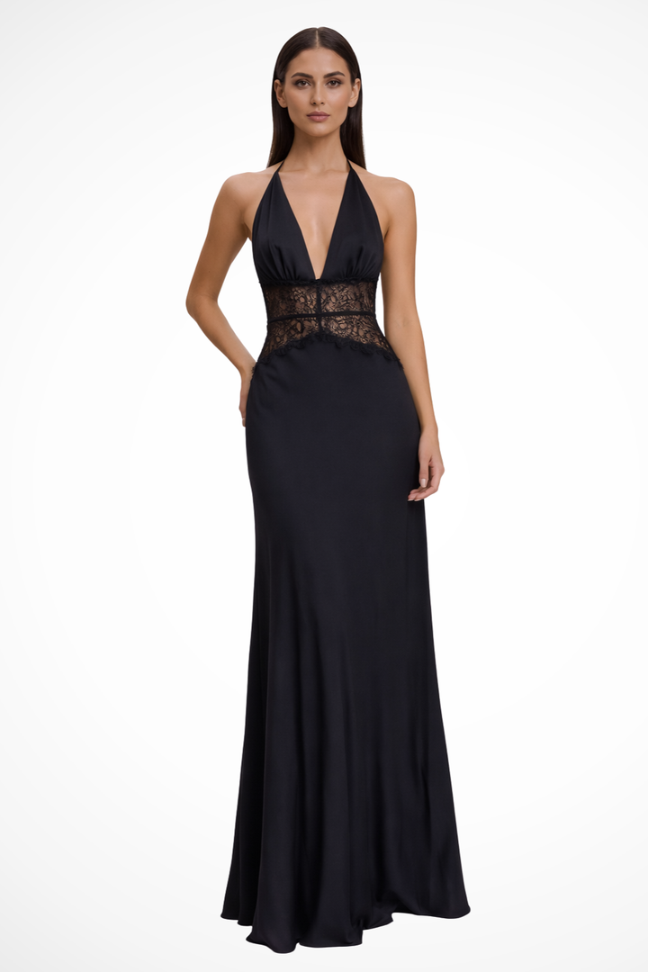 Siopie Women's Backless Halter Neck Maxi Dress in Black