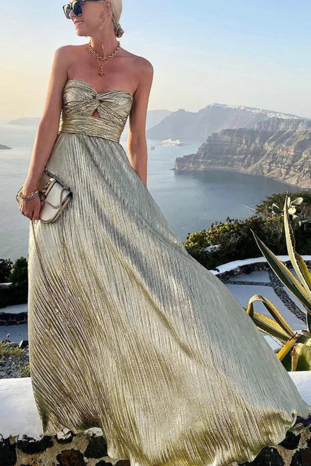 Siopie Strapless Twist Front Pleated Maxi Dress