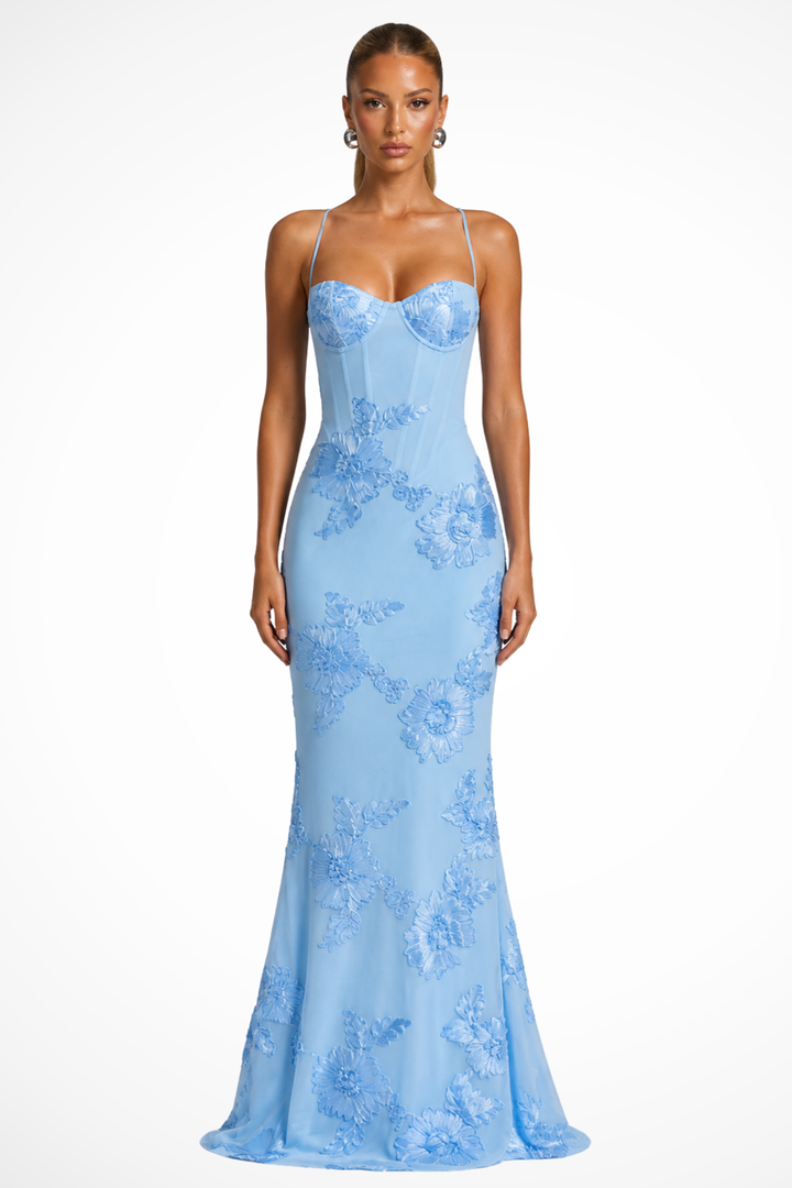 Blue Women's Floral Embroidered Corset Maxi Dress – Siopie