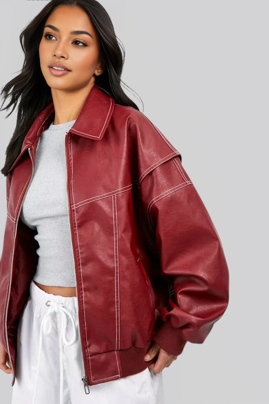 Women’s Leather Bomber Jacket – Classic Zip Up Bomber with Ribbed Cuffs for Fall Winter