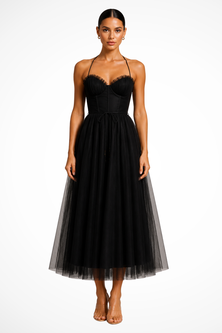 Black Women's Corset Tiered Midi Dress – Siopie