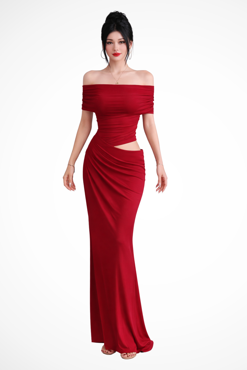 Ruched off shoulder maxi dress in Red – wedding guest style
