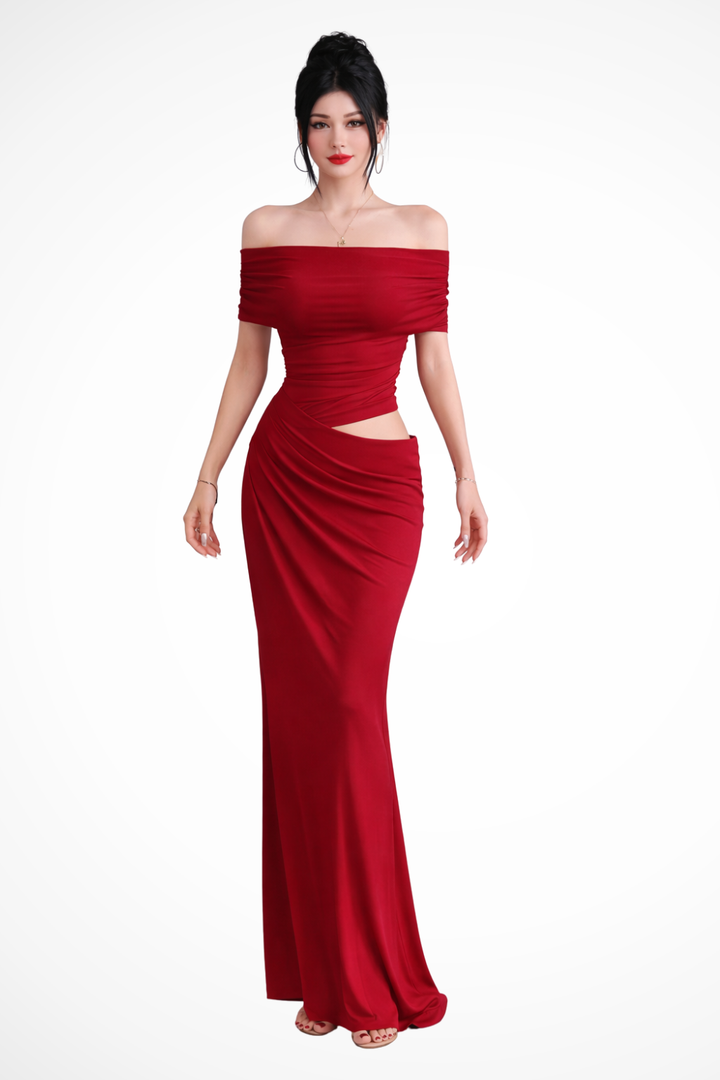 Ruched off shoulder maxi dress in Red – wedding guest style