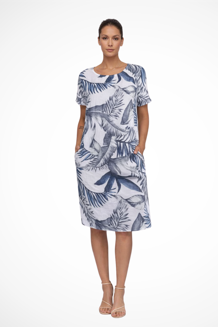 Siopie Women's Relaxed Botanical Print Midi Dress in White Blue