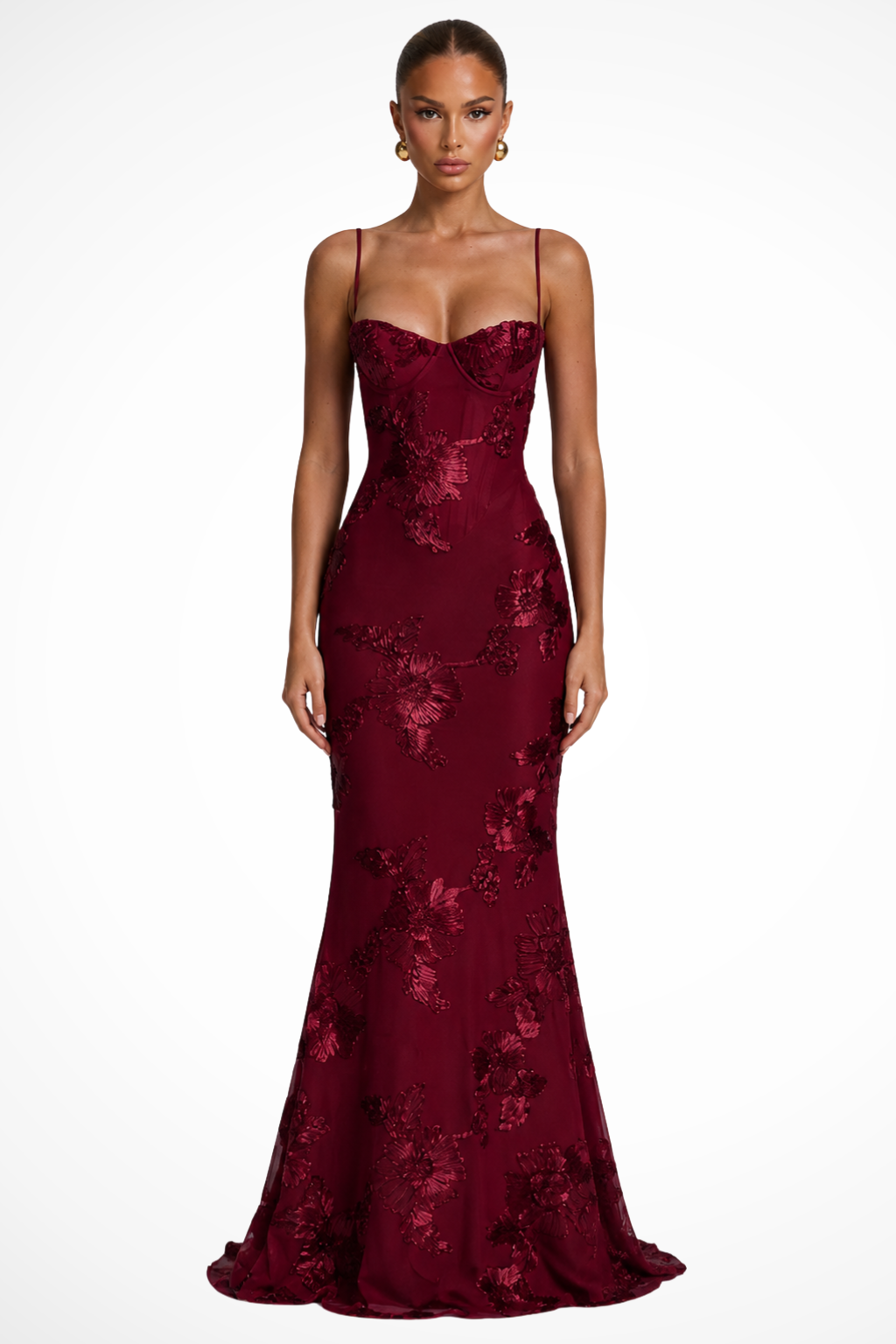 Burgundy Women's Floral Embroidered Corset Maxi Dress – Siopie