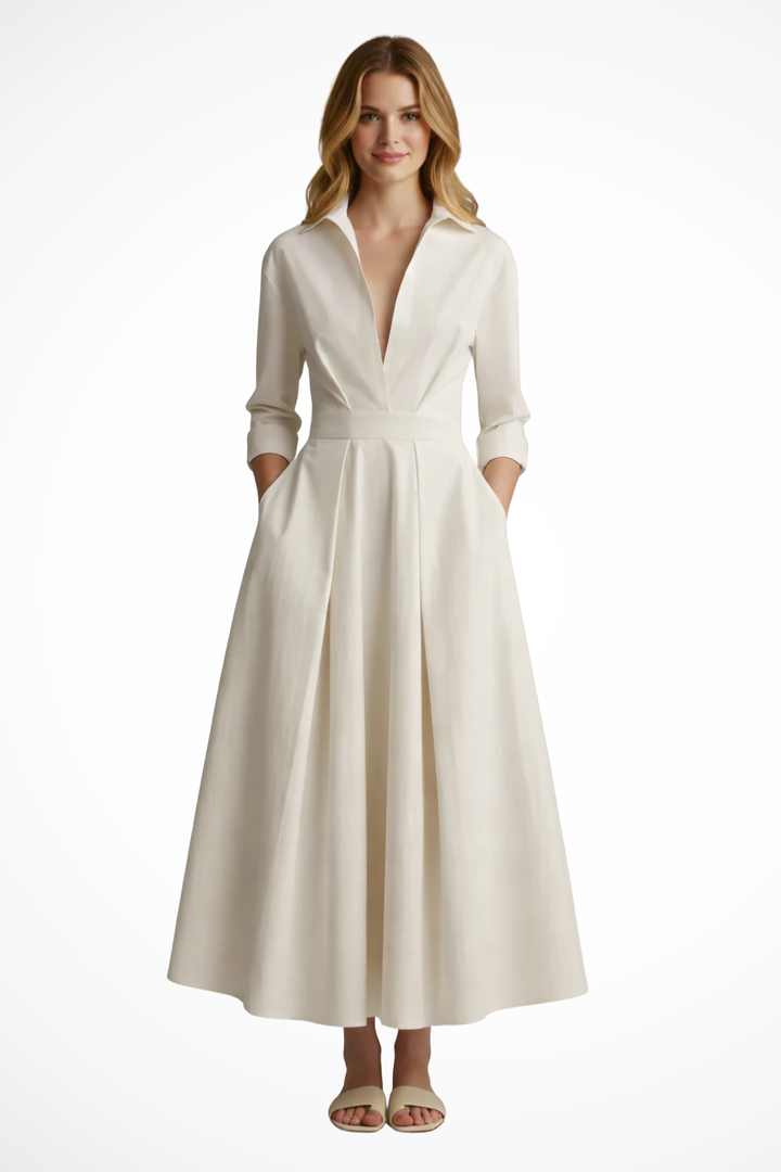 Collared Button-Front Midi Dress Beige – Siopie