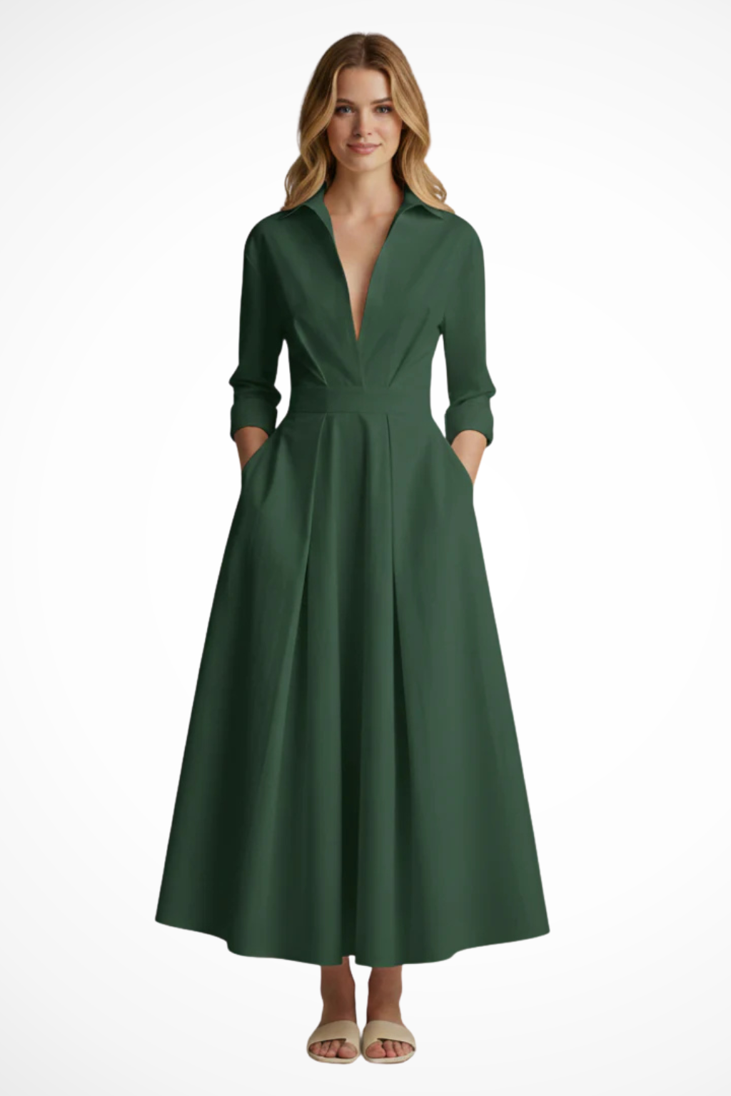 Collared Button-Front Midi Dress Green – Siopie