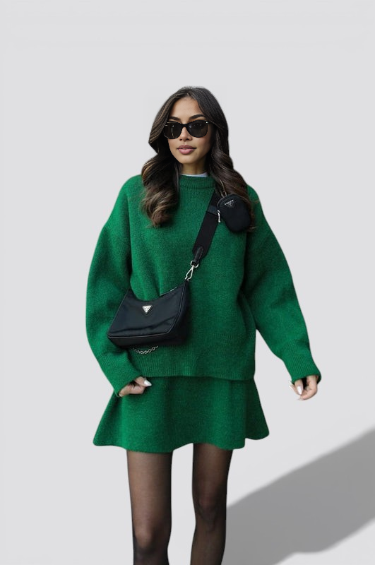 Women’s Knit Two Piece Skirt Set with Fitted Top and High Waist Skirt