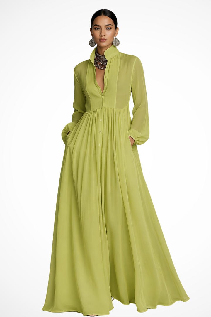 Siopie Women's Long Sleeve Button Front Maxi Dress in Green