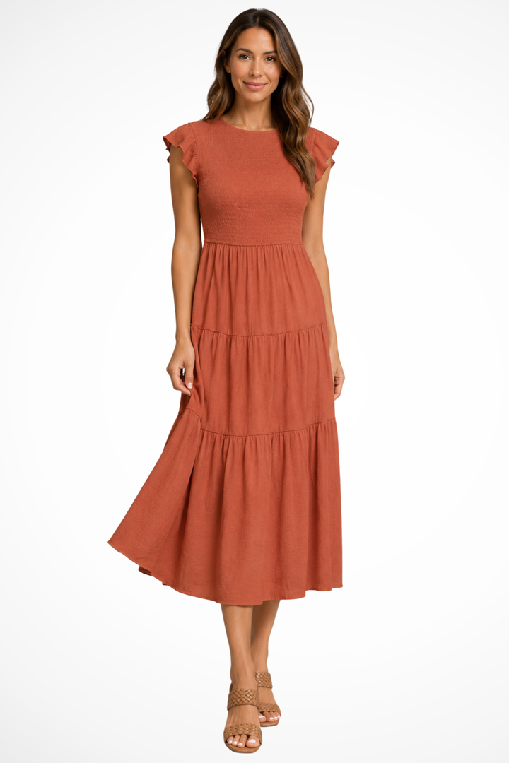 Siopie Shirred Tiered Relaxed Midi Dress in Orange