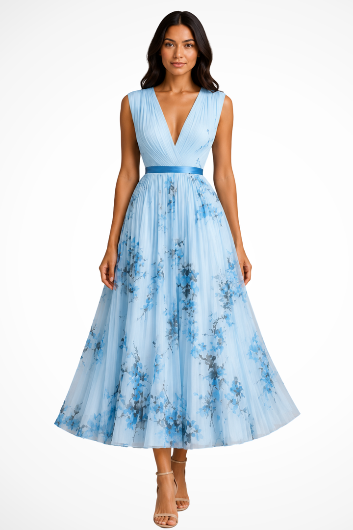 Siopie Floral Pleated V-Neck Occasion Midi Dress in Blue