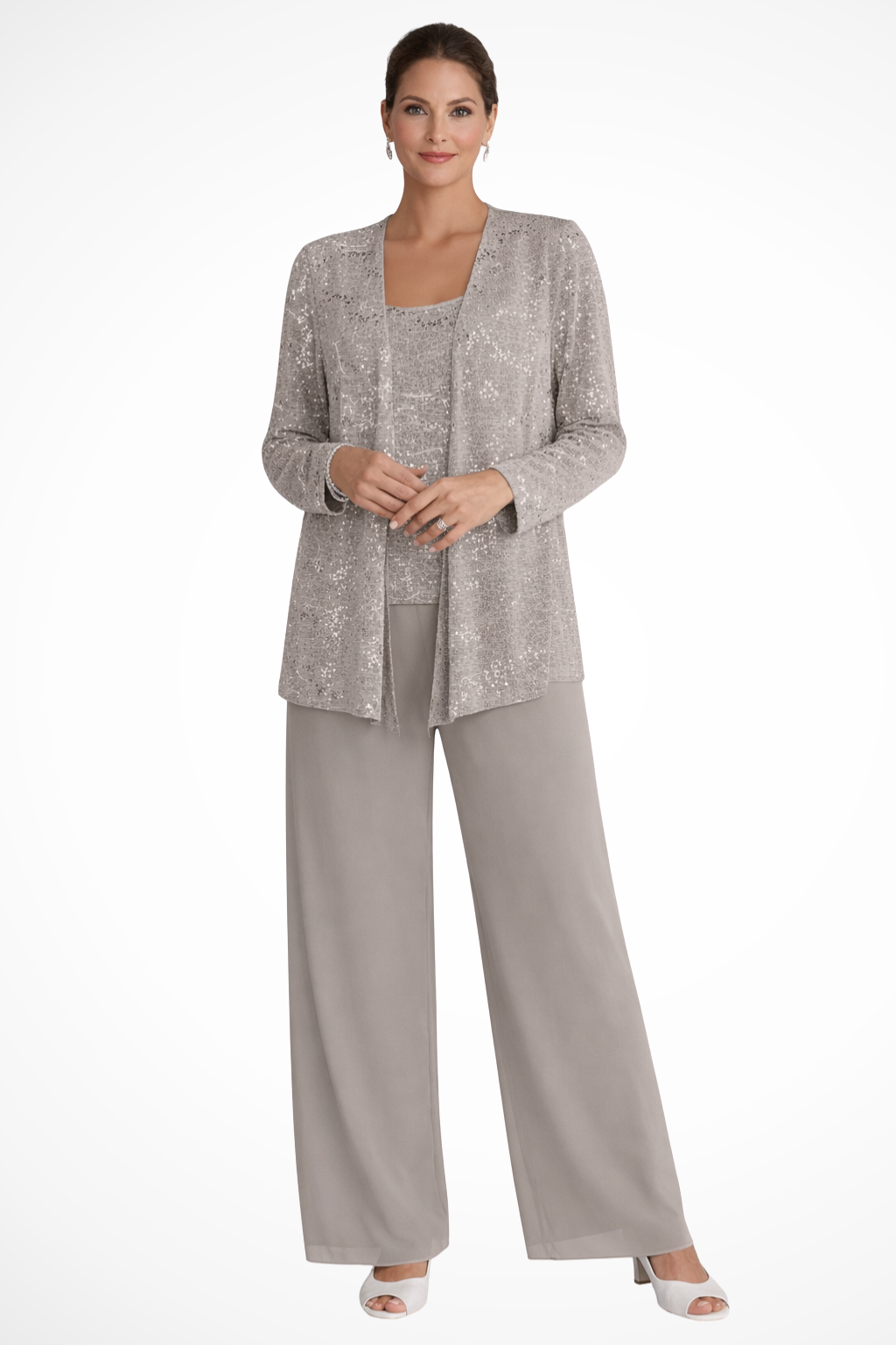 Sequin Lace Three-Piece Trouser Suit Taupe – Siopie