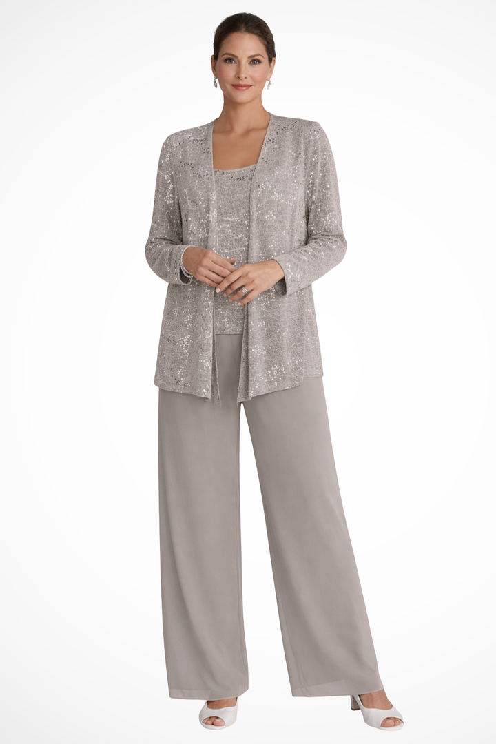 Sequin Lace Three-Piece Trouser Suit Taupe – Siopie