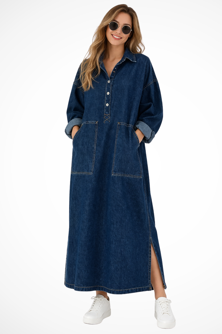 Siopie Women's Oversized Denim Maxi Dress with Pockets in Blue