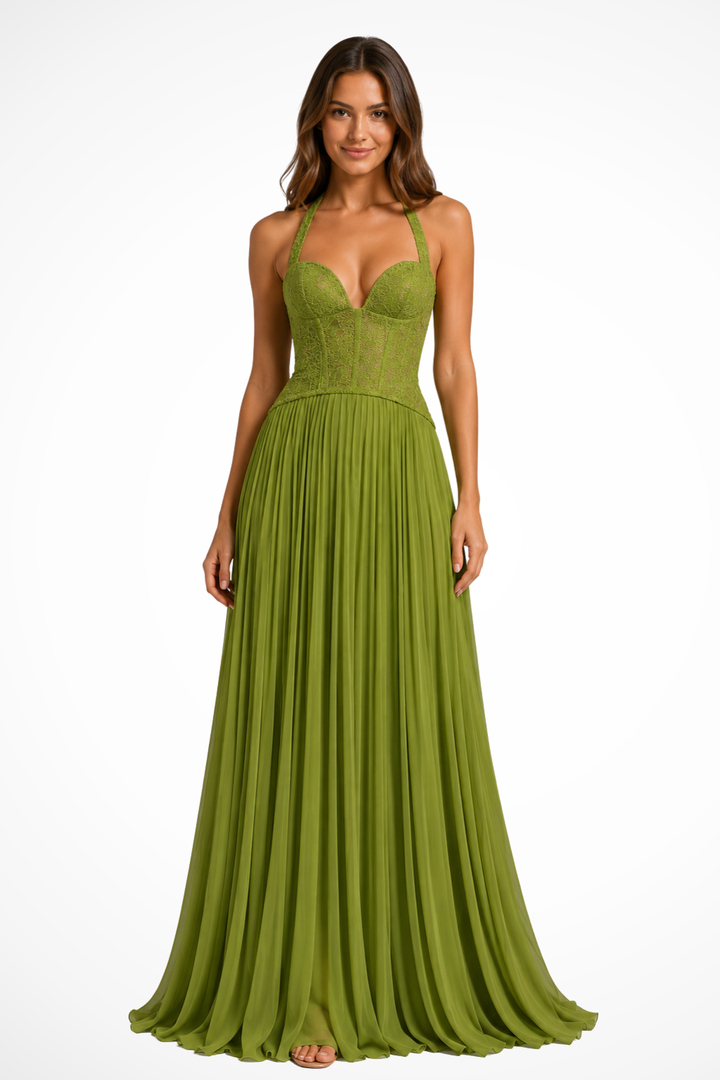 Siopie Halter Lace Corset Flowing Maxi Dress in Green