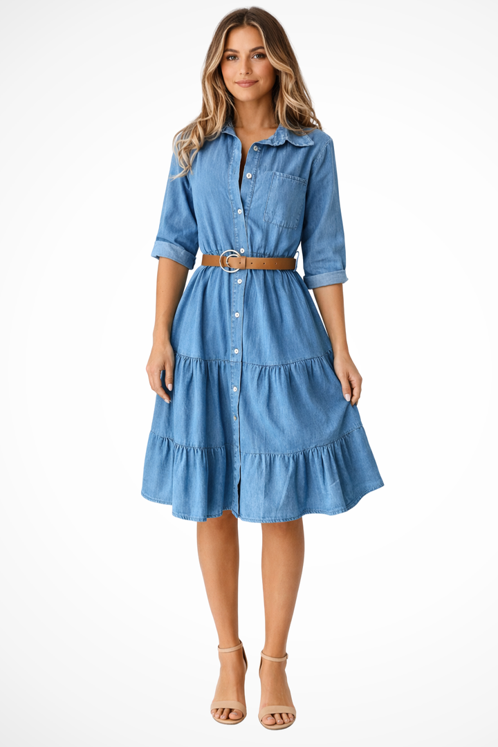 Siopie Women's Denim Tiered Midi Shirt Dress with Belt in Blue
