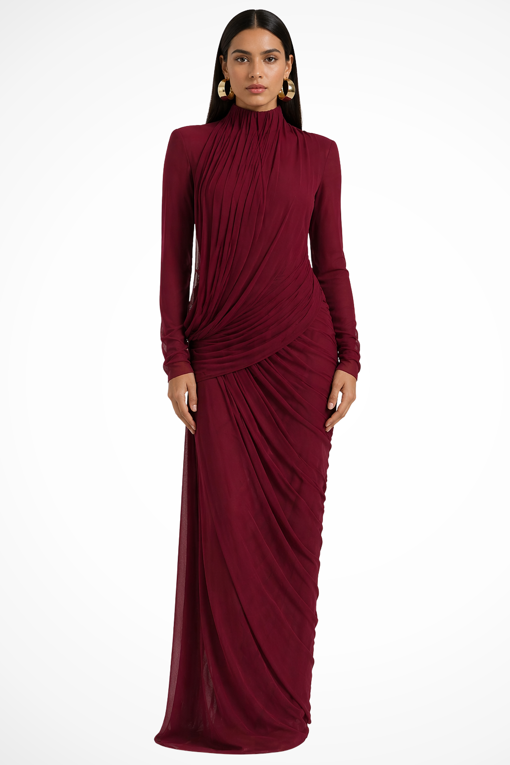 Siopie Women's Long Sleeve High Neck Maxi Dress in Burgundy