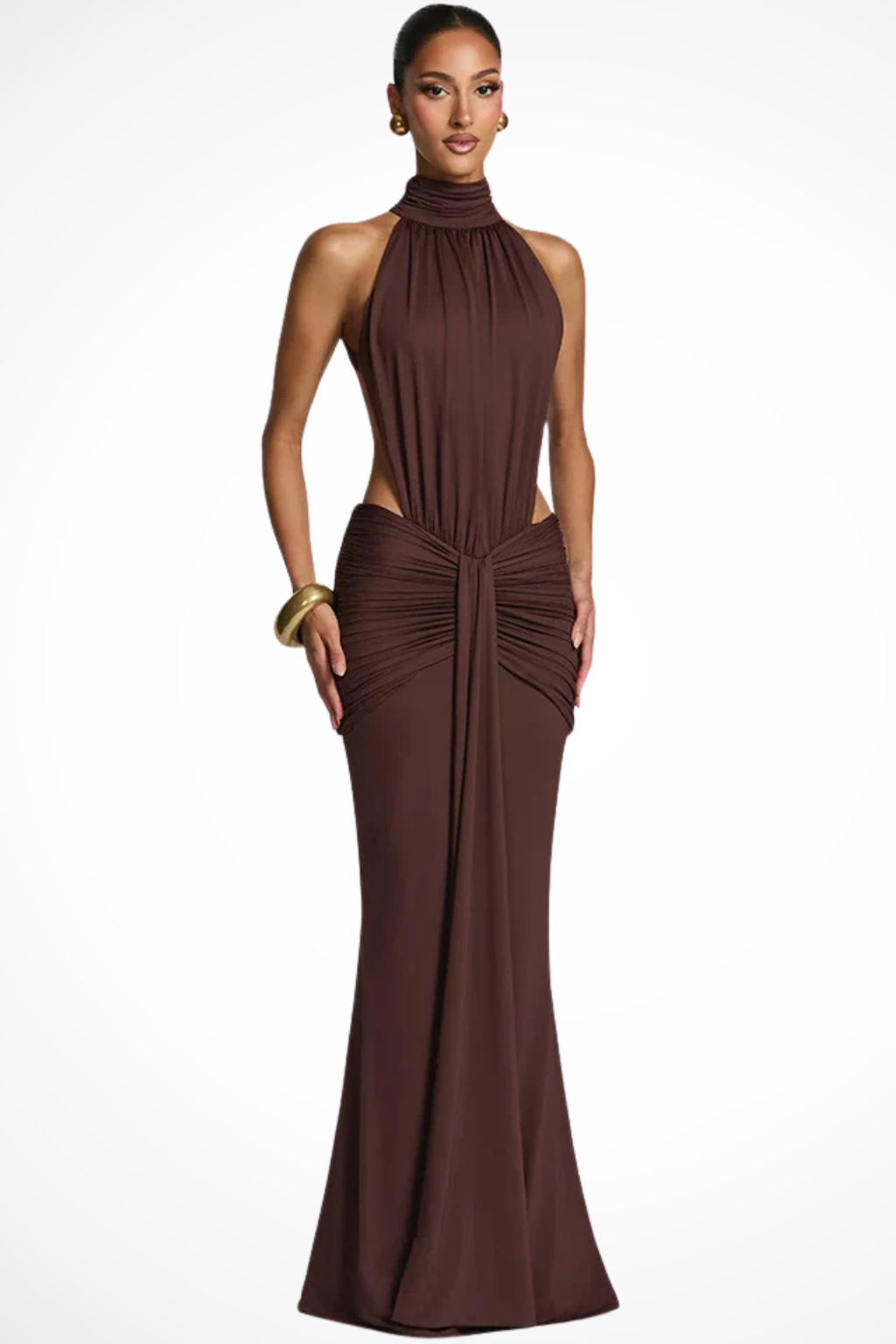 Siopie Women's High Neck Backless Ruched Maxi Dress in Coffee