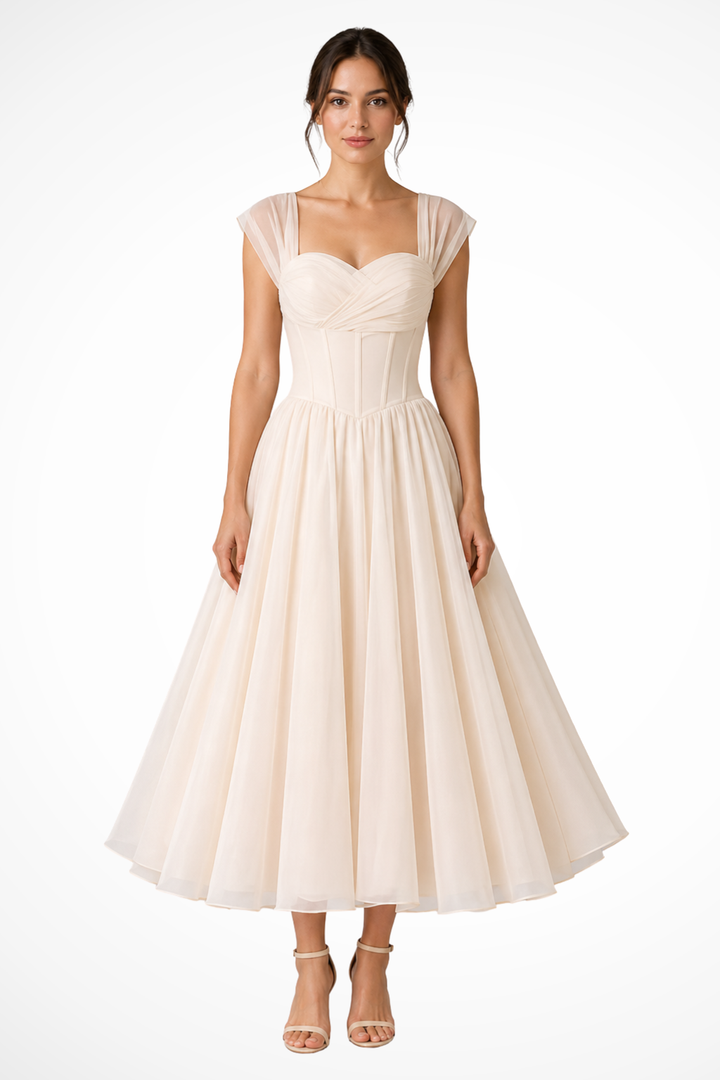 Siopie Women's Tulle Sweetheart Flared Midi Dress in Apricot