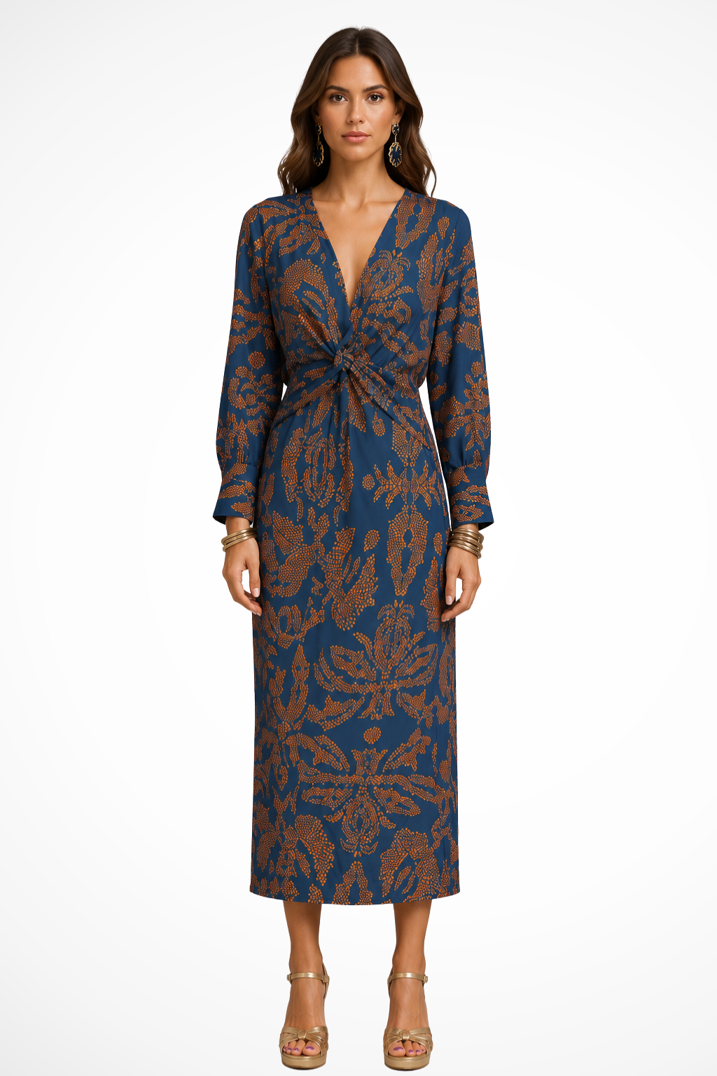 Siopie V-Neck Twist Front Printed Midi Dress in Blue