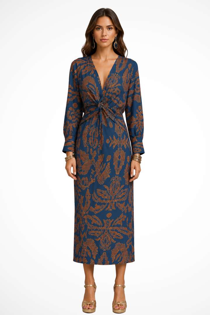 Siopie V-Neck Twist Front Printed Midi Dress in Blue