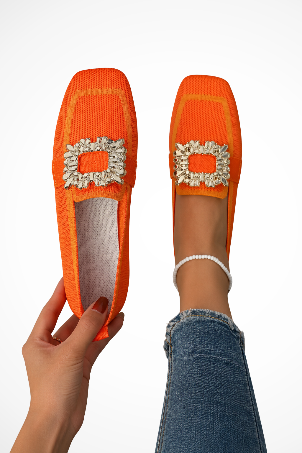 Siopie Embellished Square Toe Orthopaedic Loafers in Orange