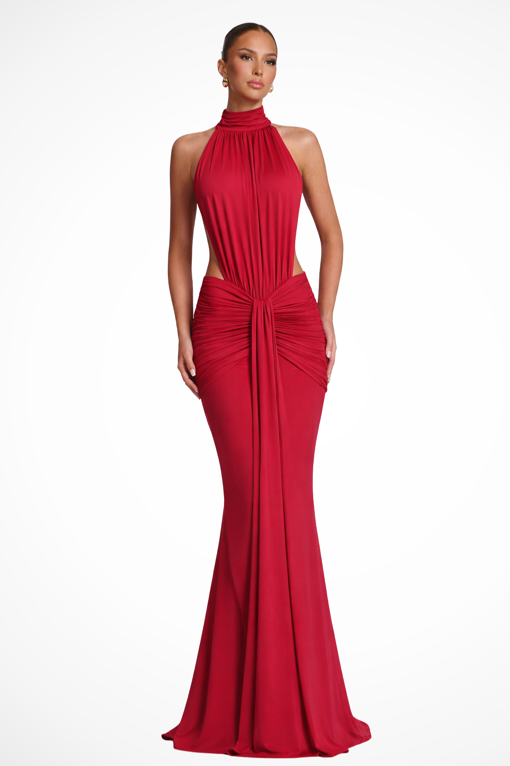Siopie Women's Halter Neck Backless Ruched Bodycon Maxi Dress in Red