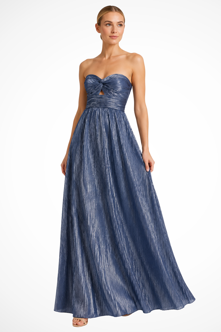 Siopie Strapless Twist Front Pleated Maxi Dress in Blue