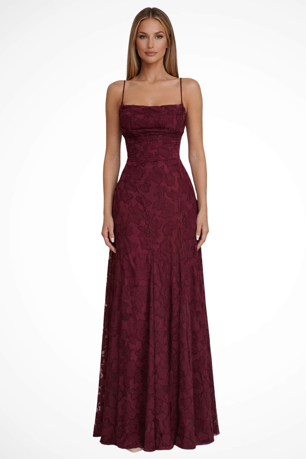 Floral Jacquard Lace-Up Maxi Dress Claret – Siopie