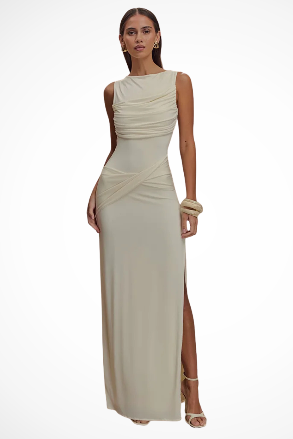 Siopie Women's Sleeveless Ruched Backless Slit Maxi Dress in White
