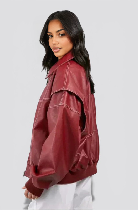 Women’s Leather Bomber Jacket – Classic Zip Up Bomber with Ribbed Cuffs for Fall Winter