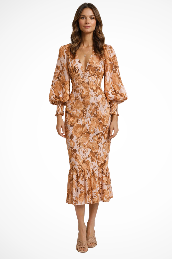 Wren | Women V Neck Long Sleeve Floral Summer Midi Dress