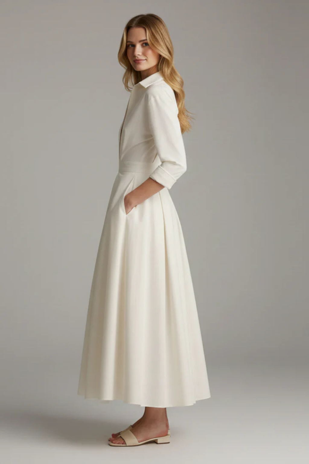 Collared Button-Front Midi Dress – Siopie