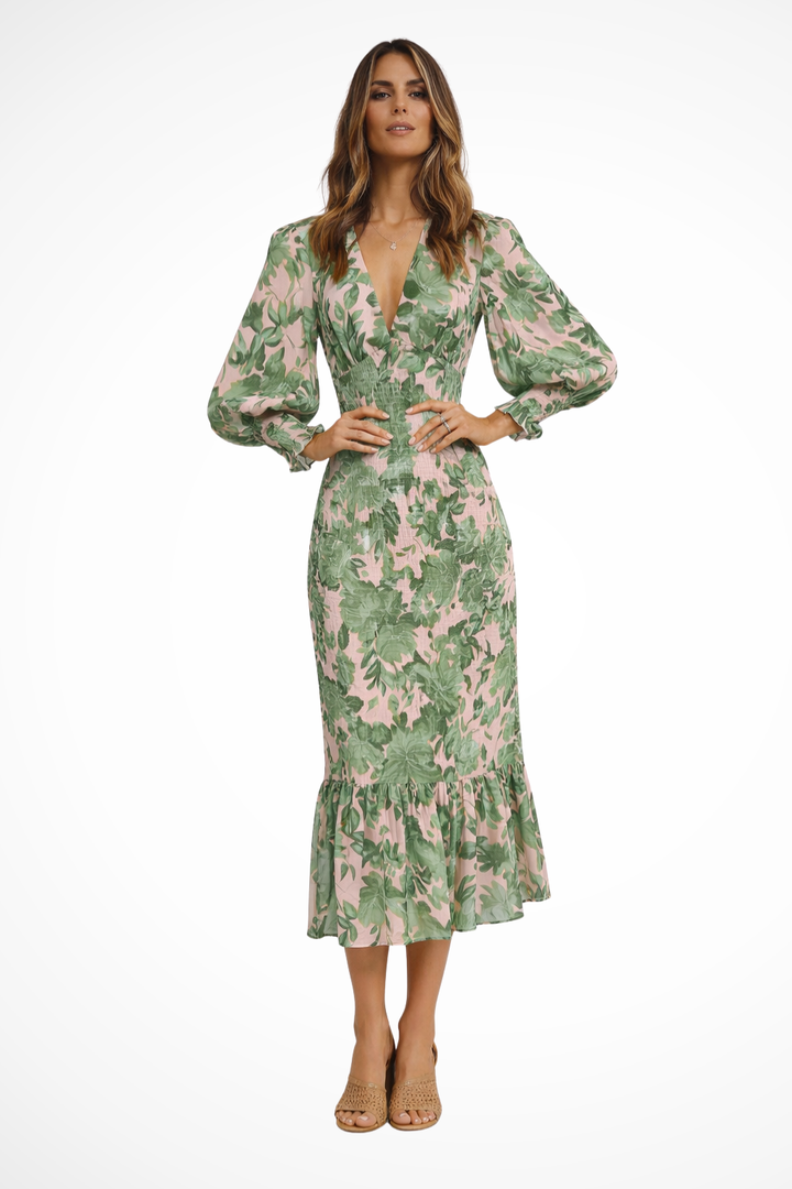 Wren | Women V Neck Long Sleeve Floral Summer Midi Dress