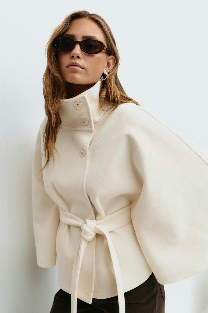 Belted Cape Jacket for Women – Oversized Cape Coat with High Neck for Fall and Mid-Season