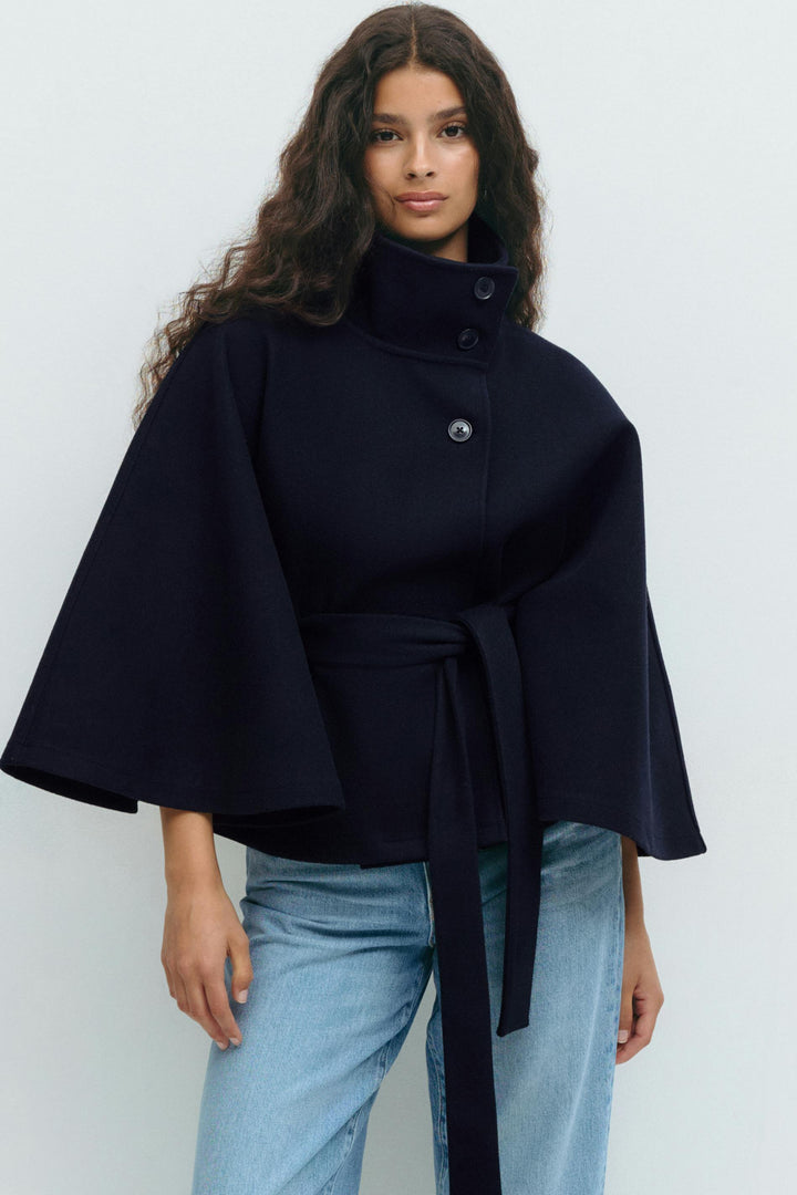 Belted Cape Jacket for Women – Oversized Cape Coat with High Neck for Fall and Mid-Season