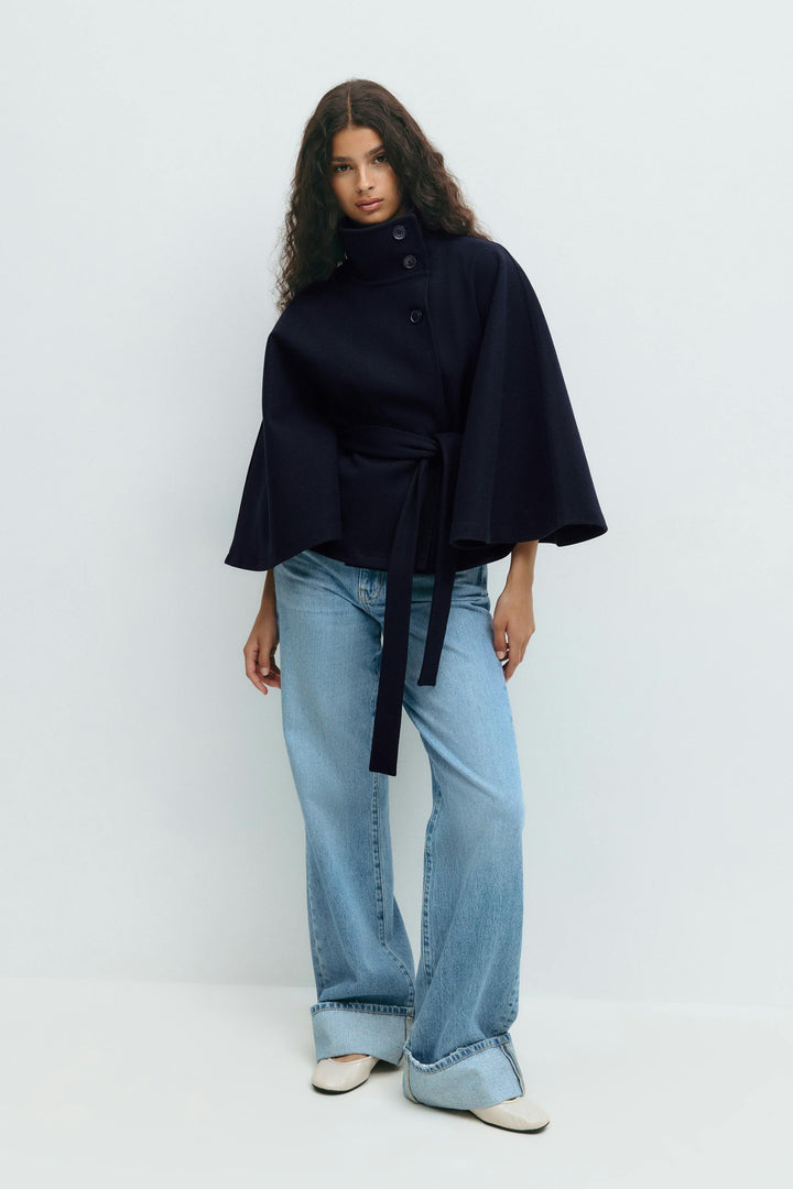 Belted Cape Jacket for Women – Oversized Cape Coat with High Neck for Fall and Mid-Season