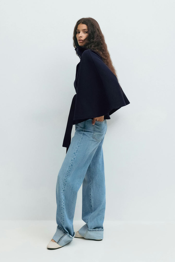 Belted Cape Jacket for Women – Oversized Cape Coat with High Neck for Fall and Mid-Season