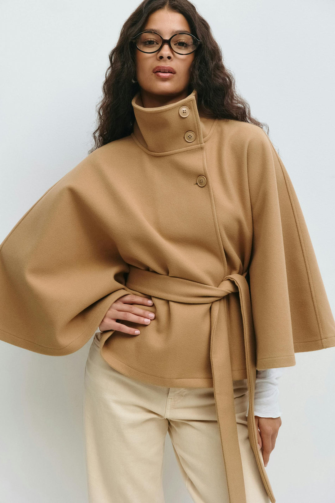 Belted Cape Jacket for Women – Oversized Cape Coat with High Neck for Fall and Mid-Season