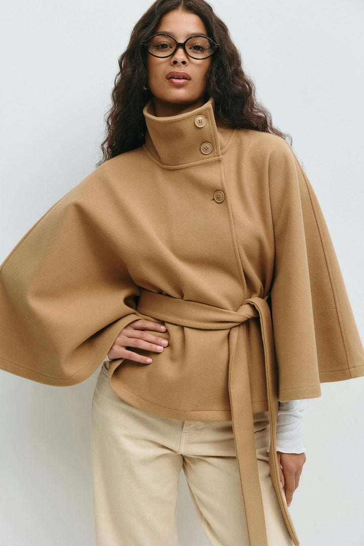 Belted Cape Jacket for Women – Oversized Cape Coat with High Neck for Fall and Mid-Season