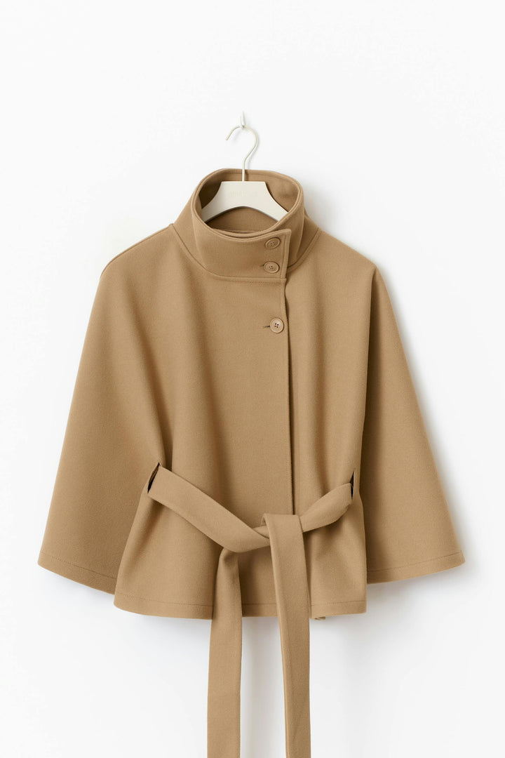 Belted Cape Jacket for Women – Oversized Cape Coat with High Neck for Fall and Mid-Season