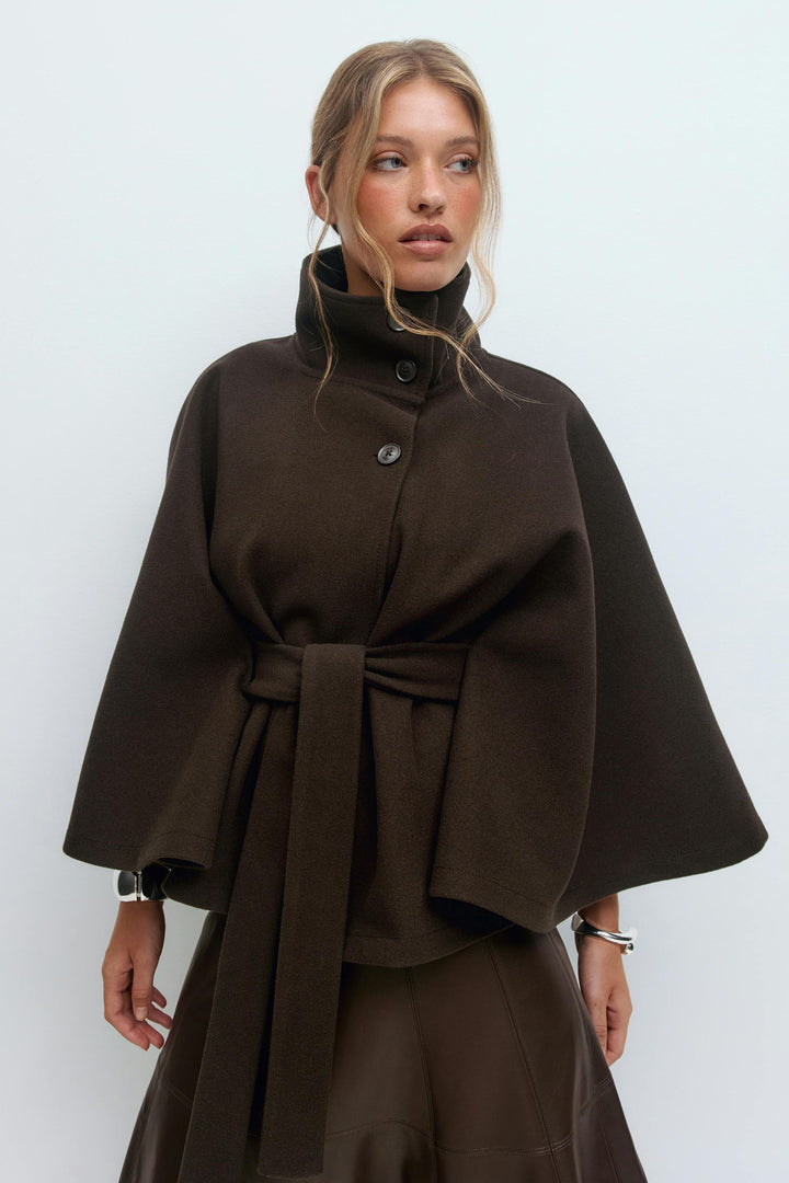 Belted Cape Jacket for Women – Oversized Cape Coat with High Neck for Fall and Mid-Season