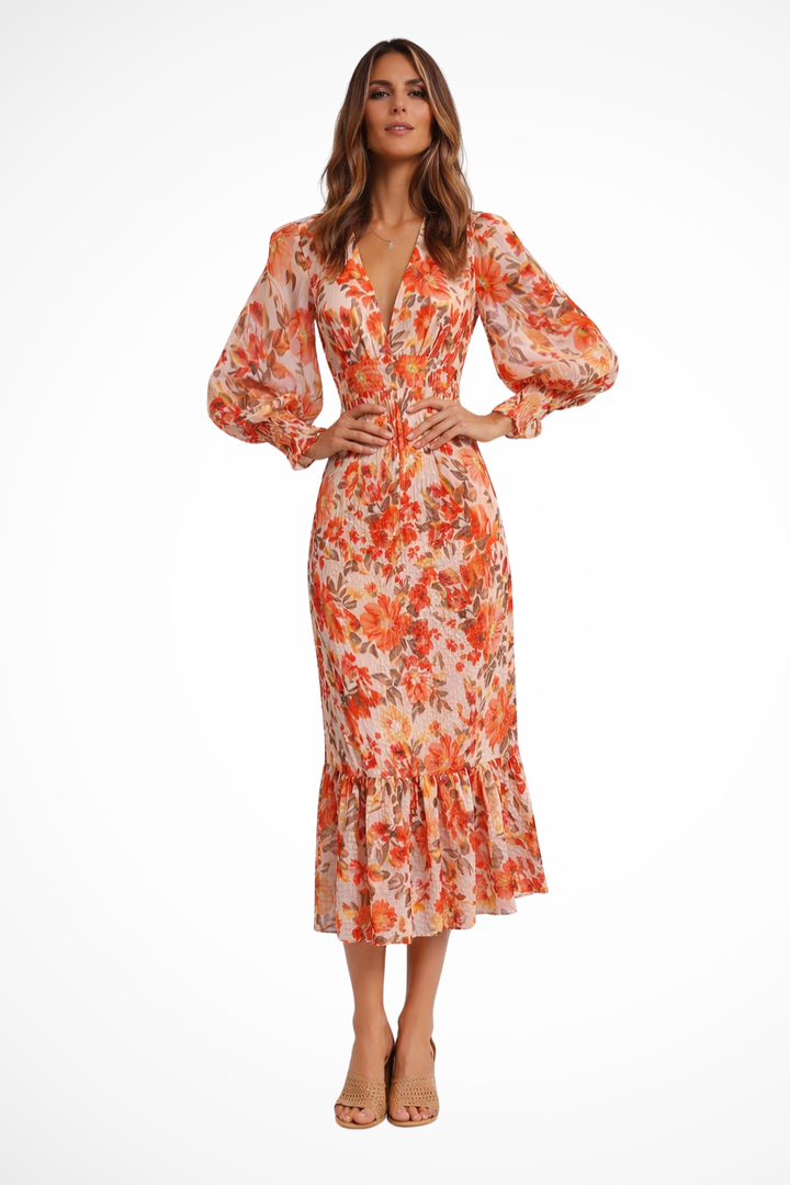 Wren | Women V Neck Long Sleeve Floral Summer Midi Dress