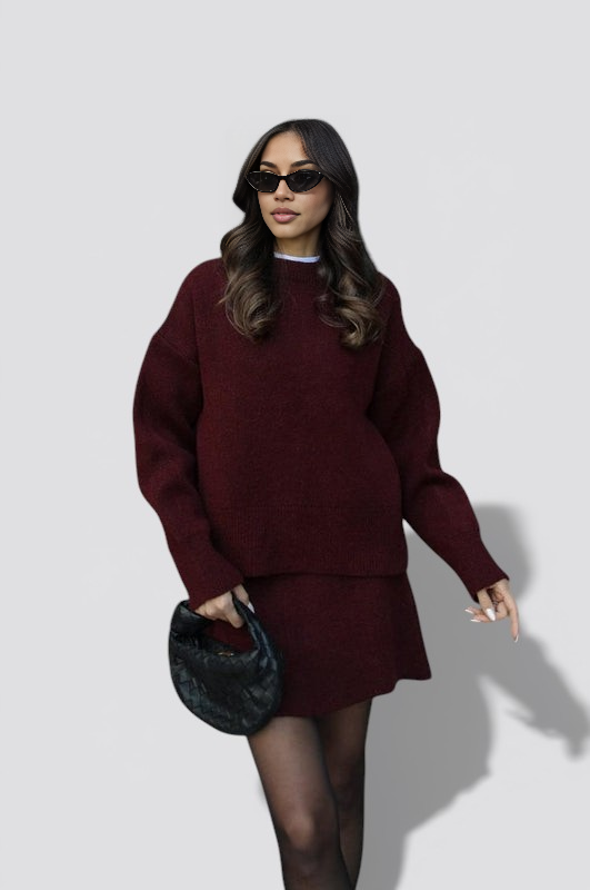 Women’s Knit Two Piece Skirt Set with Fitted Top and High Waist Skirt