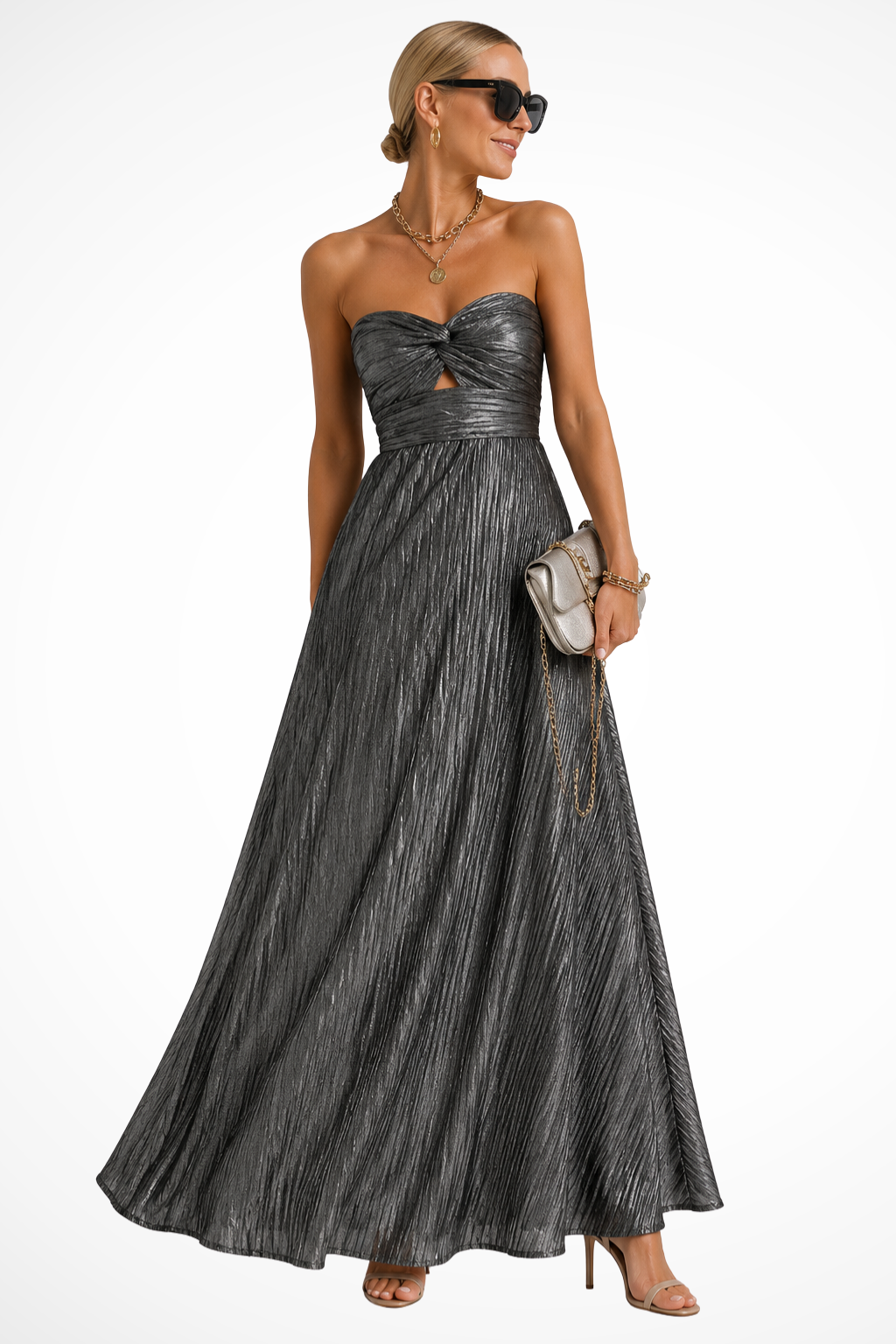 Siopie Strapless Twist Front Pleated Maxi Dress
