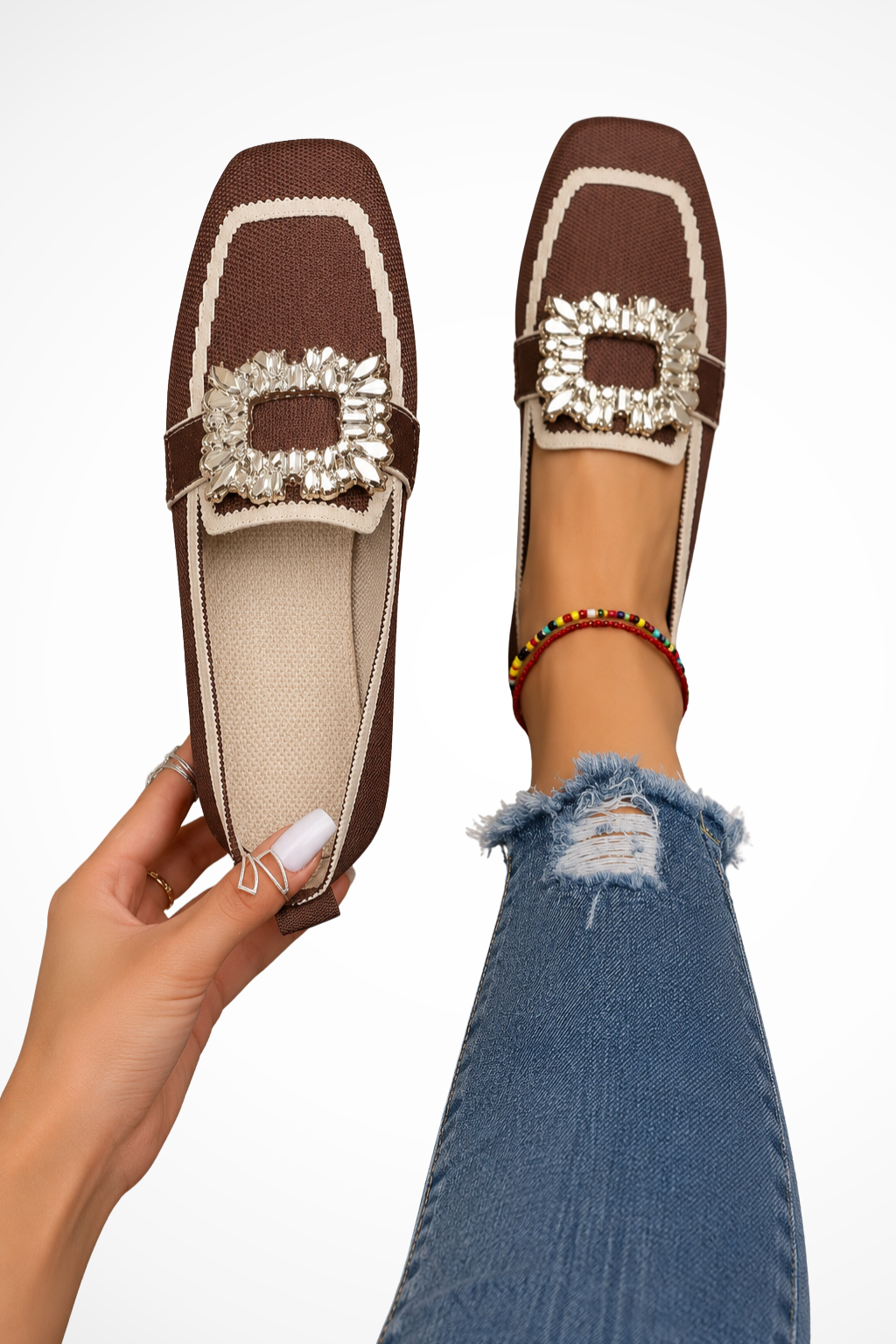 Siopie Embellished Square Toe Orthopaedic Loafers in Brown