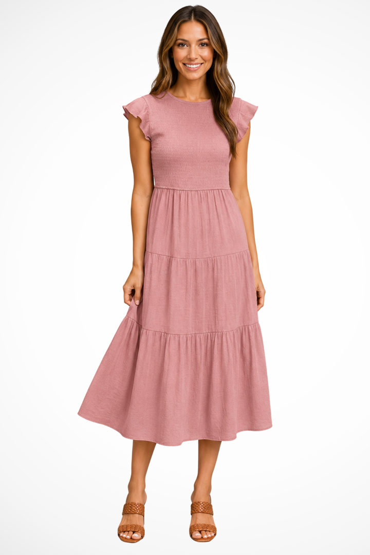 Siopie Shirred Tiered Relaxed Midi Dress in Pink