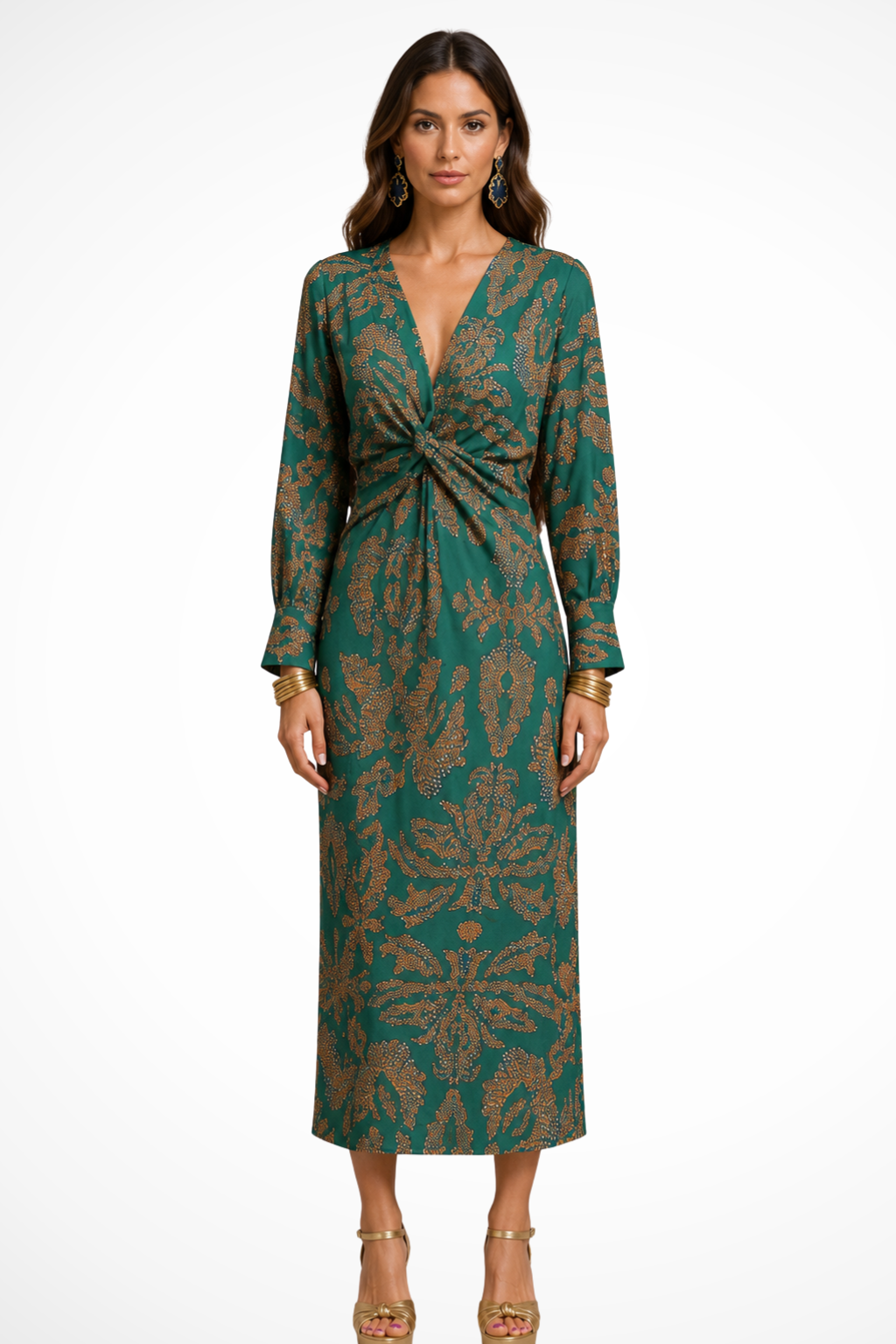 Siopie V-Neck Twist Front Printed Midi Dress in Green