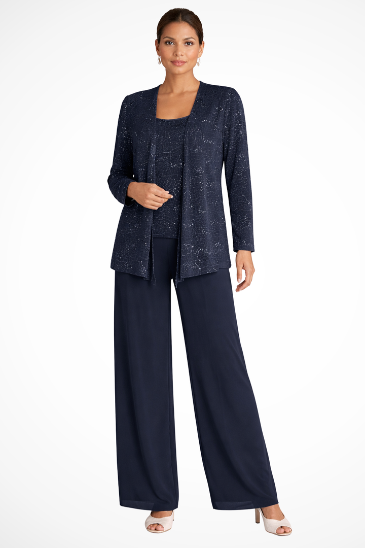 Sequin Lace Three-Piece Trouser Suit Navy Blue – Siopie